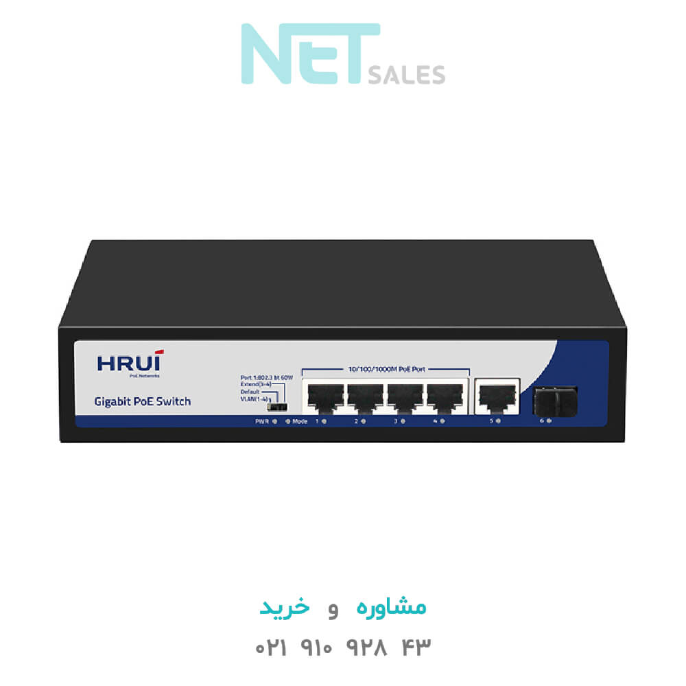 سوئیچ شبکه PoE برند HRUI مدل HR901-AXG-411NS-120